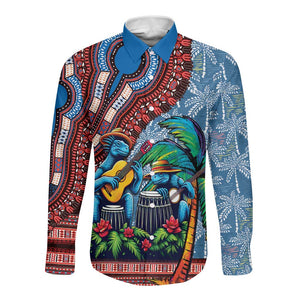 Afro-Caribbean Long Sleeve Button Shirt African Dashiki Style with Caribbean Music with Blue Iguanas - African Pride