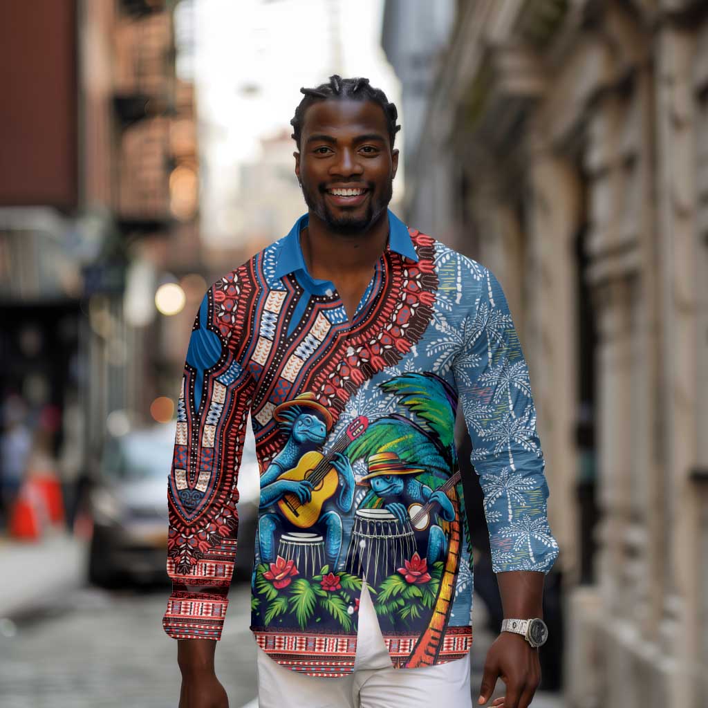 Afro-Caribbean Long Sleeve Button Shirt African Dashiki Style with Caribbean Music with Blue Iguanas - African Pride