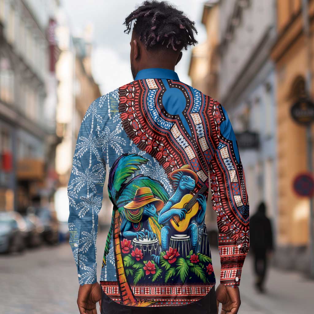Afro-Caribbean Long Sleeve Button Shirt African Dashiki Style with Caribbean Music with Blue Iguanas - African Pride