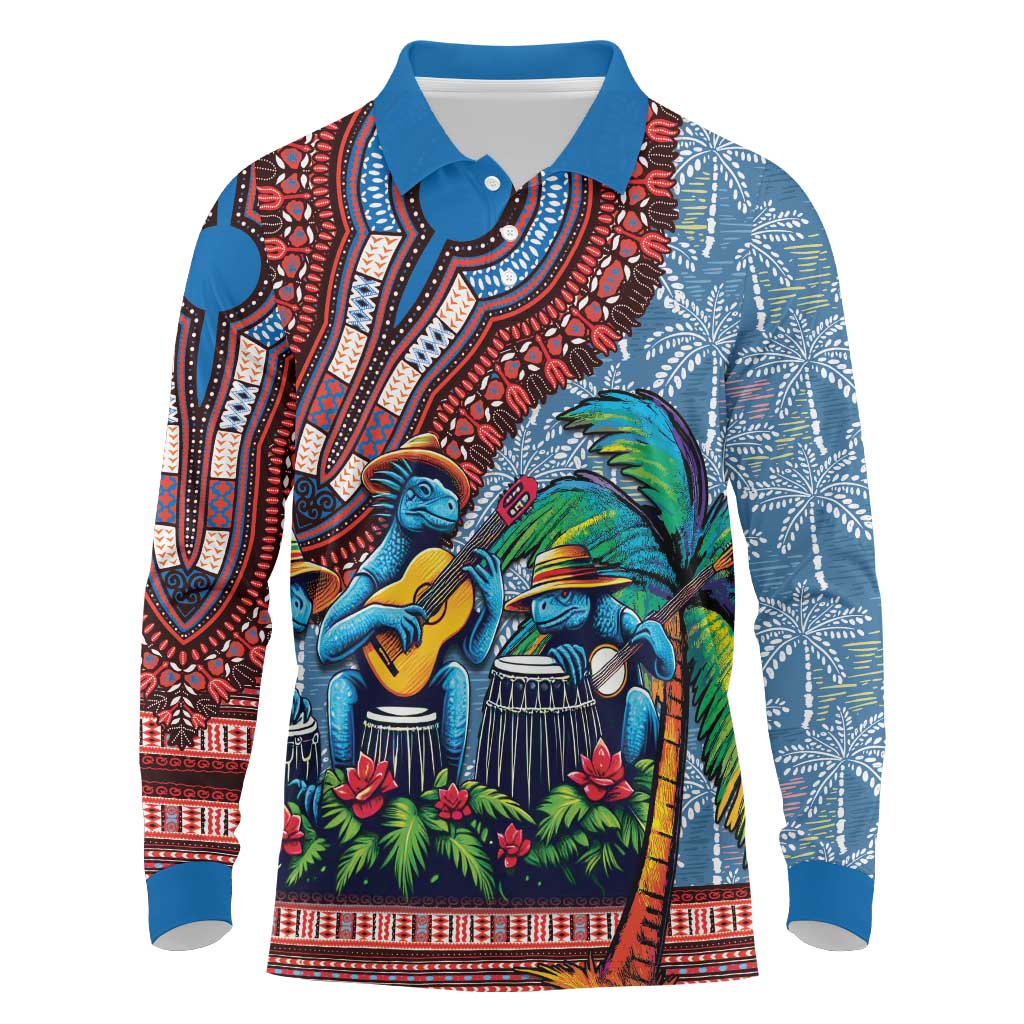 Afro-Caribbean Long Sleeve Polo Shirt African Dashiki Style with Caribbean Music with Blue Iguanas - African Pride