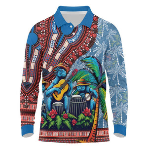 Afro-Caribbean Long Sleeve Polo Shirt African Dashiki Style with Caribbean Music with Blue Iguanas - African Pride
