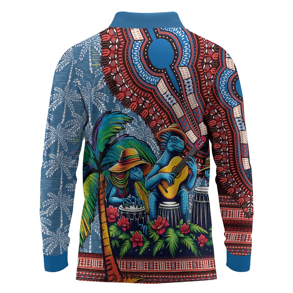 Afro-Caribbean Long Sleeve Polo Shirt African Dashiki Style with Caribbean Music with Blue Iguanas - African Pride