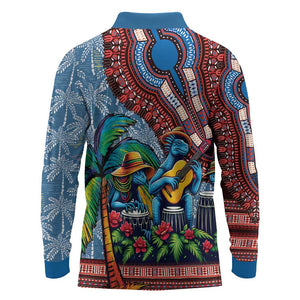 Afro-Caribbean Long Sleeve Polo Shirt African Dashiki Style with Caribbean Music with Blue Iguanas - African Pride