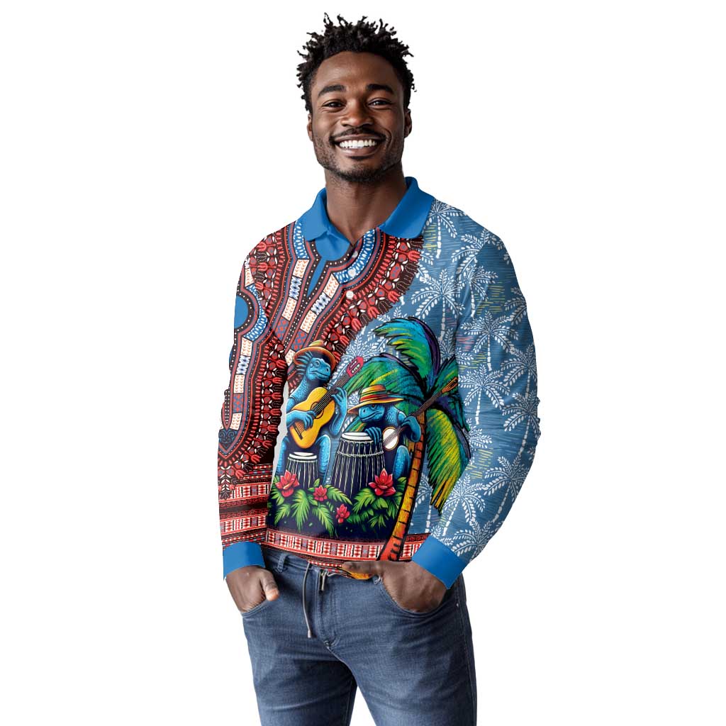 Afro-Caribbean Long Sleeve Polo Shirt African Dashiki Style with Caribbean Music with Blue Iguanas - African Pride