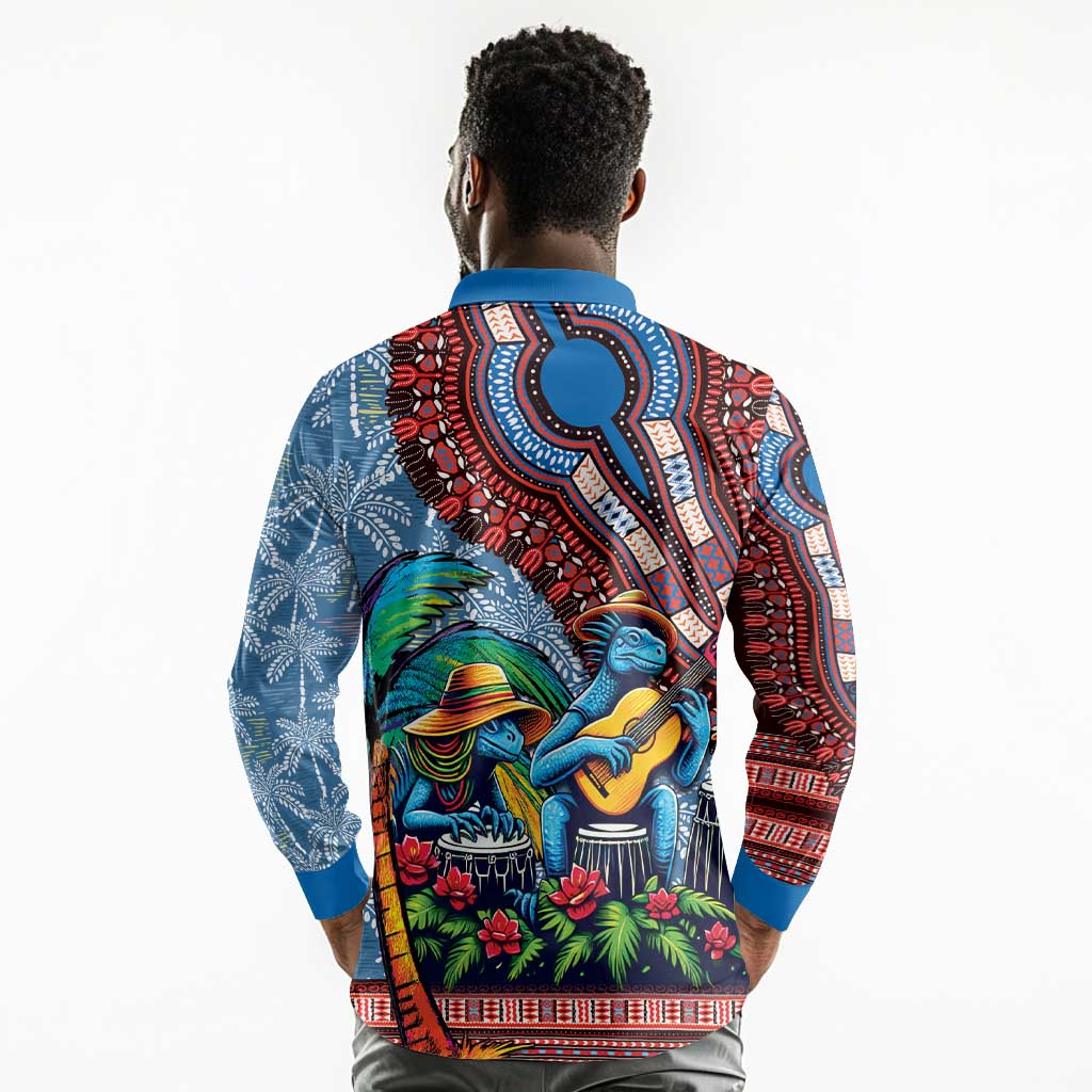 Afro-Caribbean Long Sleeve Polo Shirt African Dashiki Style with Caribbean Music with Blue Iguanas - African Pride
