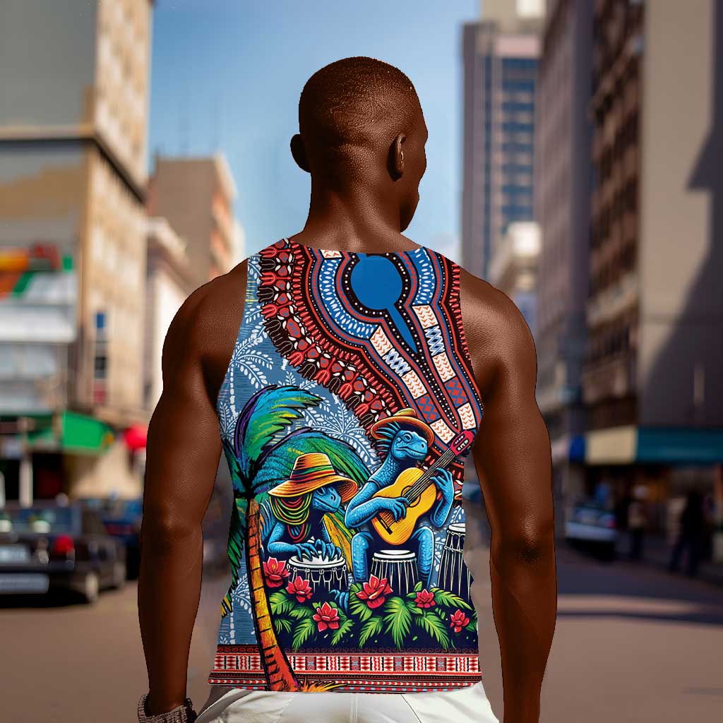 Afro-Caribbean Men Tank Top African Dashiki Style with Caribbean Music with Blue Iguanas - African Pride