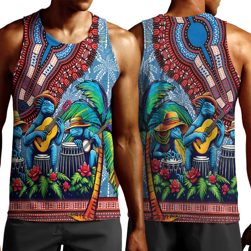 Afro-Caribbean Men Tank Top African Dashiki Style with Caribbean Music with Blue Iguanas - African Pride