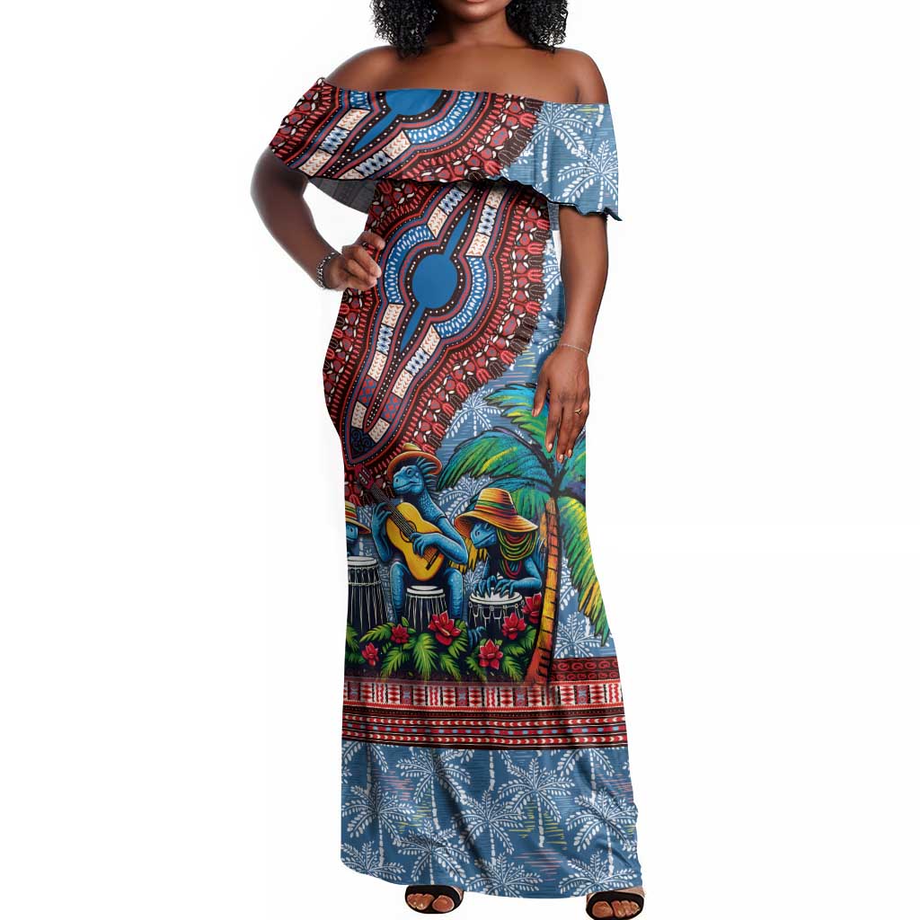 Afro-Caribbean Off Shoulder Maxi Dress African Dashiki Style with Caribbean Music with Blue Iguanas - African Pride