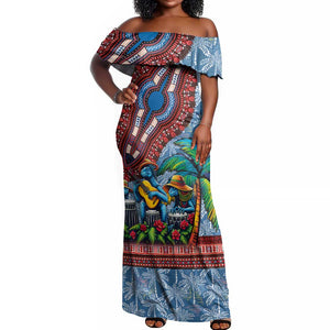 Afro-Caribbean Off Shoulder Maxi Dress African Dashiki Style with Caribbean Music with Blue Iguanas - African Pride