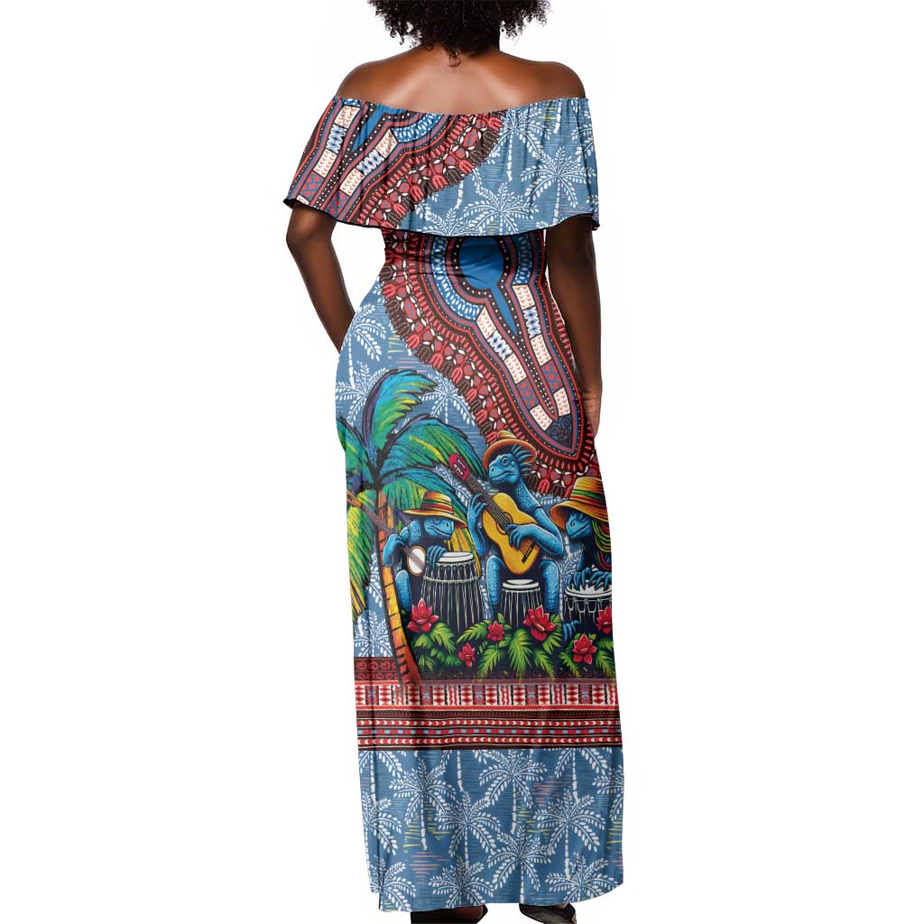 Afro-Caribbean Off Shoulder Maxi Dress African Dashiki Style with Caribbean Music with Blue Iguanas - African Pride