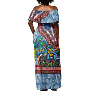 Afro-Caribbean Off Shoulder Maxi Dress African Dashiki Style with Caribbean Music with Blue Iguanas - African Pride