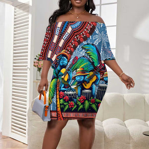 Afro-Caribbean Off Shoulder Short Dress African Dashiki Style with Caribbean Music with Blue Iguanas - African Pride