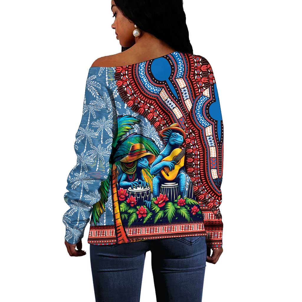 Afro-Caribbean Off Shoulder Sweater African Dashiki Style with Caribbean Music with Blue Iguanas - African Pride