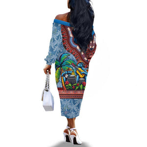 Afro-Caribbean Off The Shoulder Long Sleeve Dress African Dashiki Style with Caribbean Music with Blue Iguanas - African Pride