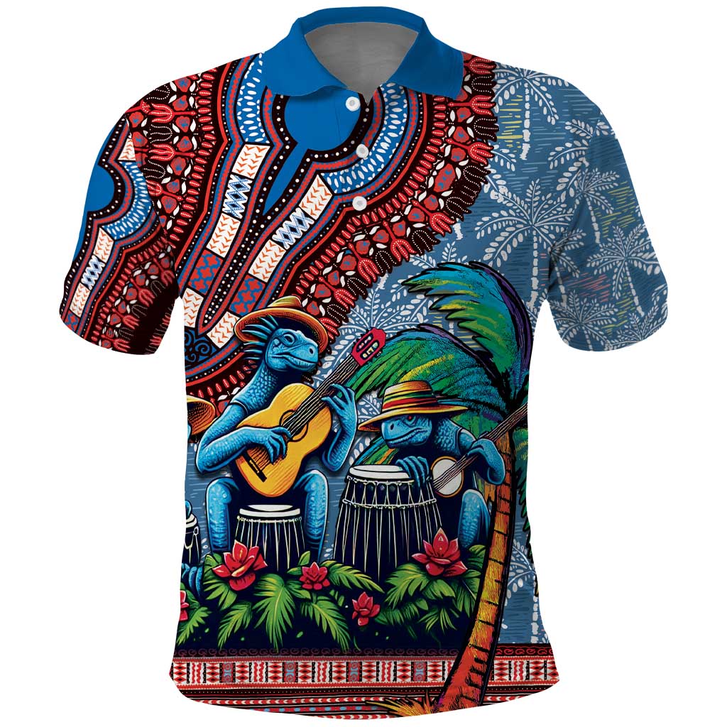 Afro-Caribbean Polo Shirt African Dashiki Style with Caribbean Music with Blue Iguanas - African Pride