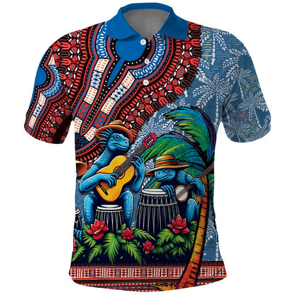 Afro-Caribbean Polo Shirt African Dashiki Style with Caribbean Music with Blue Iguanas - African Pride