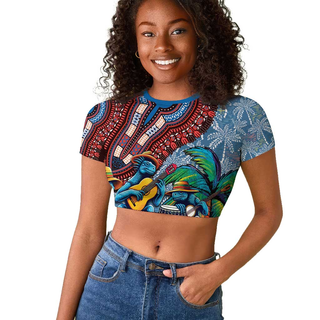 Afro-Caribbean Raglan Cropped T shirt African Dashiki Style with Caribbean Music with Blue Iguanas - African Pride