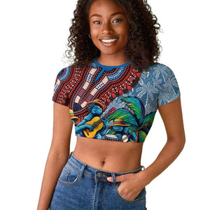 Afro-Caribbean Raglan Cropped T shirt African Dashiki Style with Caribbean Music with Blue Iguanas - African Pride
