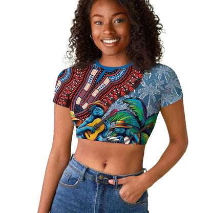 Afro-Caribbean Raglan Cropped T shirt African Dashiki Style with Caribbean Music with Blue Iguanas - African Pride