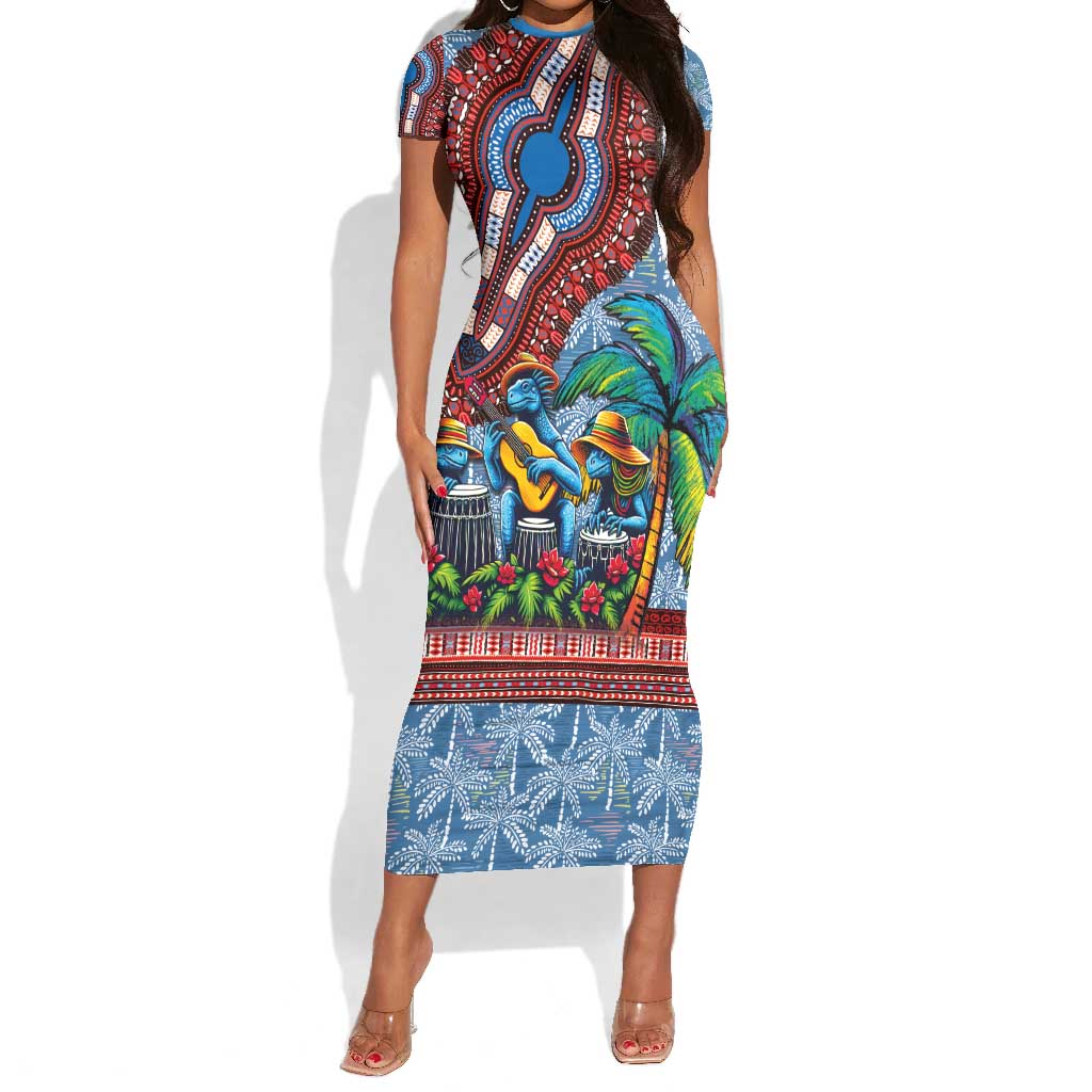 Afro-Caribbean Short Sleeve Bodycon Dress African Dashiki Style with Caribbean Music with Blue Iguanas - African Pride