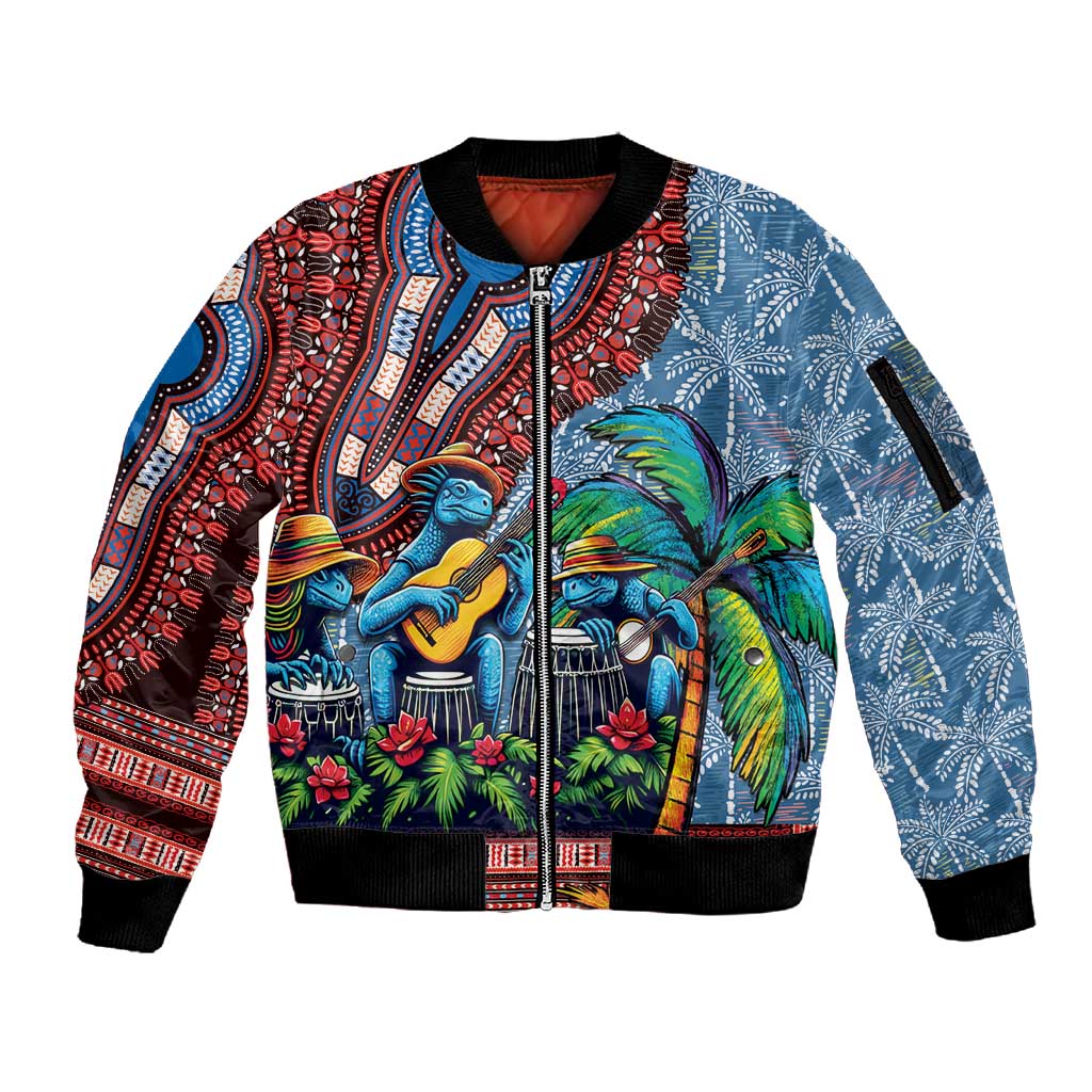Afro-Caribbean Sleeve Zip Bomber Jacket African Dashiki Style with Caribbean Music with Blue Iguanas - African Pride