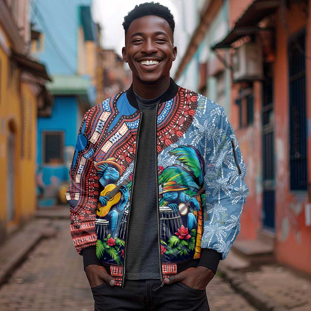 Afro-Caribbean Sleeve Zip Bomber Jacket African Dashiki Style with Caribbean Music with Blue Iguanas - African Pride