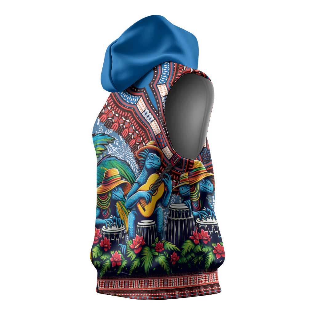 Afro-Caribbean Sleeveless Hoodie African Dashiki Style with Caribbean Music with Blue Iguanas - African Pride