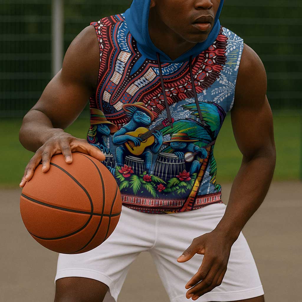 Afro-Caribbean Sleeveless Hoodie African Dashiki Style with Caribbean Music with Blue Iguanas - African Pride