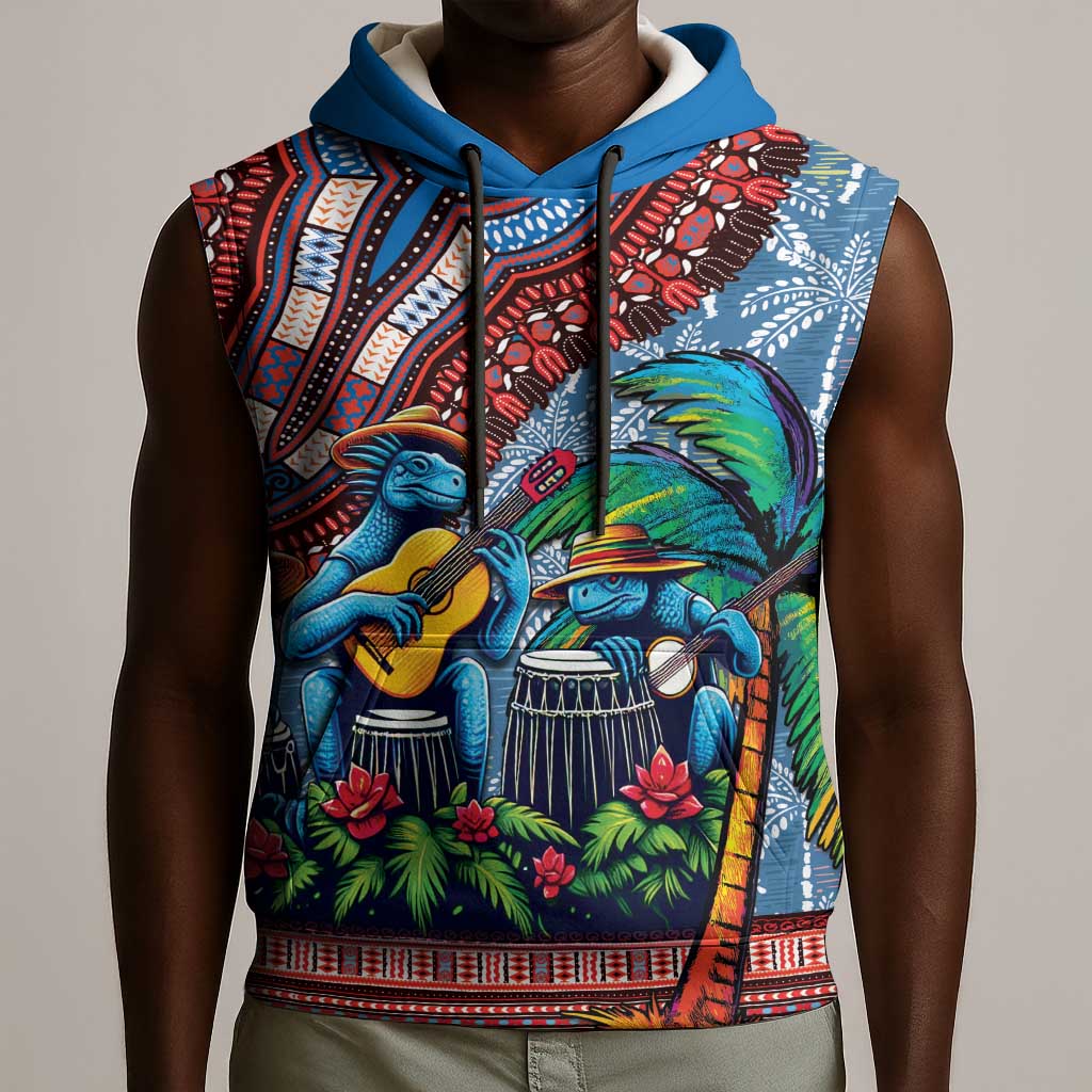 Afro-Caribbean Sleeveless Hoodie African Dashiki Style with Caribbean Music with Blue Iguanas - African Pride