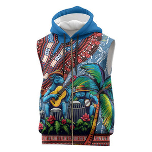 Afro-Caribbean Sleeveless Zip Hoodie African Dashiki Style with Caribbean Music with Blue Iguanas - African Pride