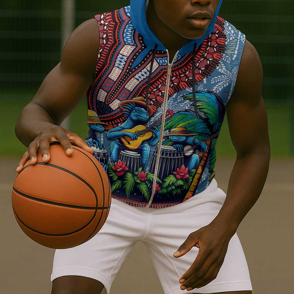 Afro-Caribbean Sleeveless Zip Hoodie African Dashiki Style with Caribbean Music with Blue Iguanas - African Pride