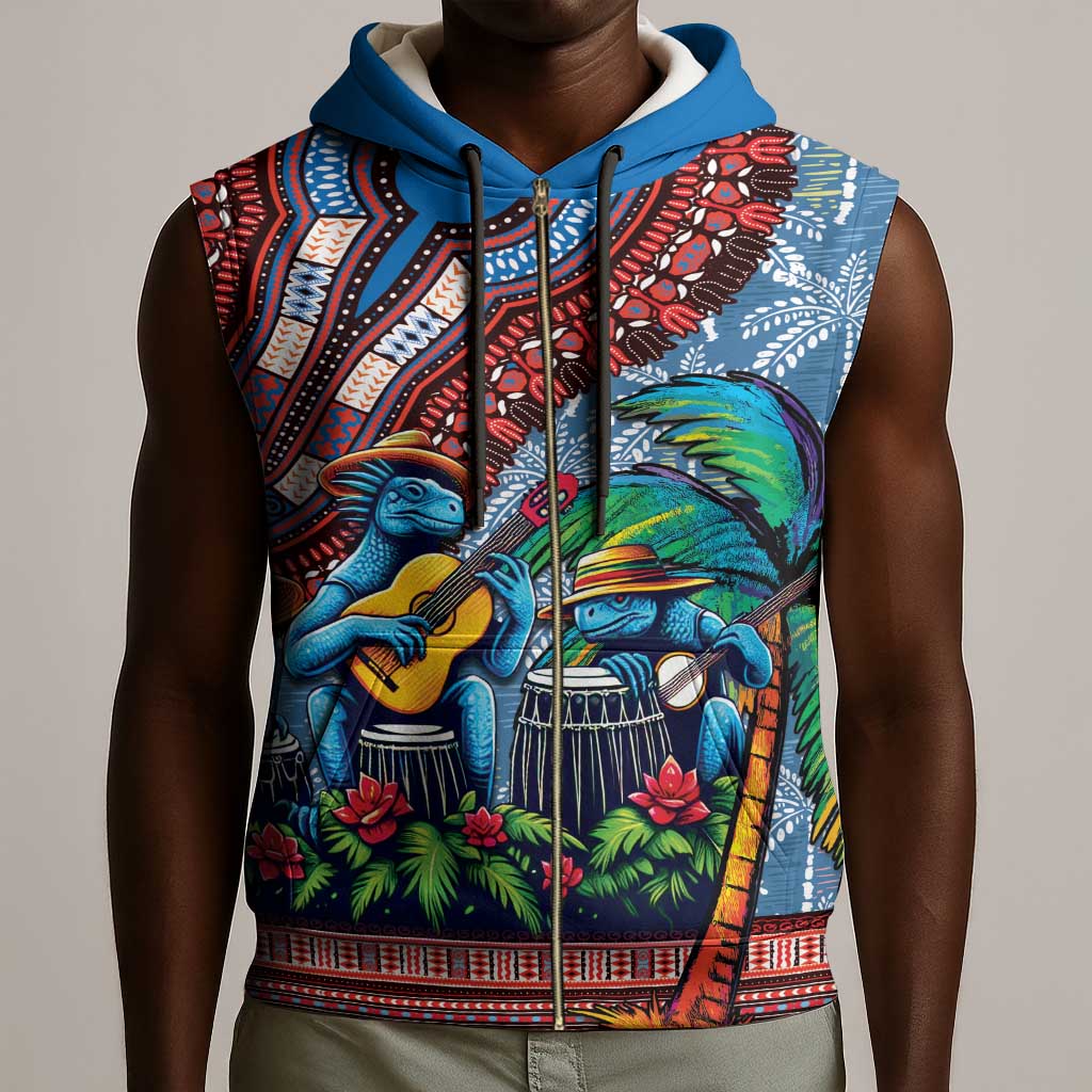 Afro-Caribbean Sleeveless Zip Hoodie African Dashiki Style with Caribbean Music with Blue Iguanas - African Pride
