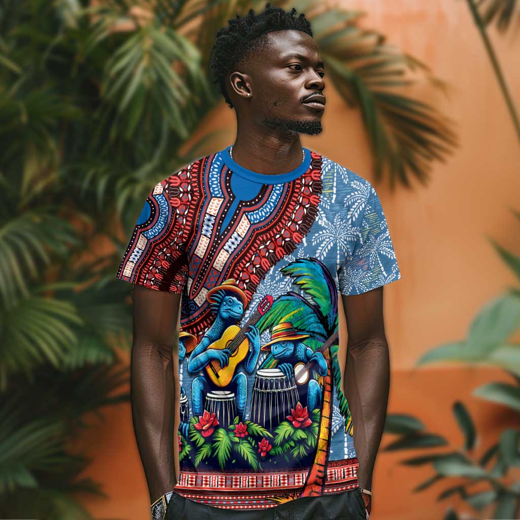 Afro-Caribbean T shirt African Dashiki Style with Caribbean Music with Blue Iguanas - African Pride