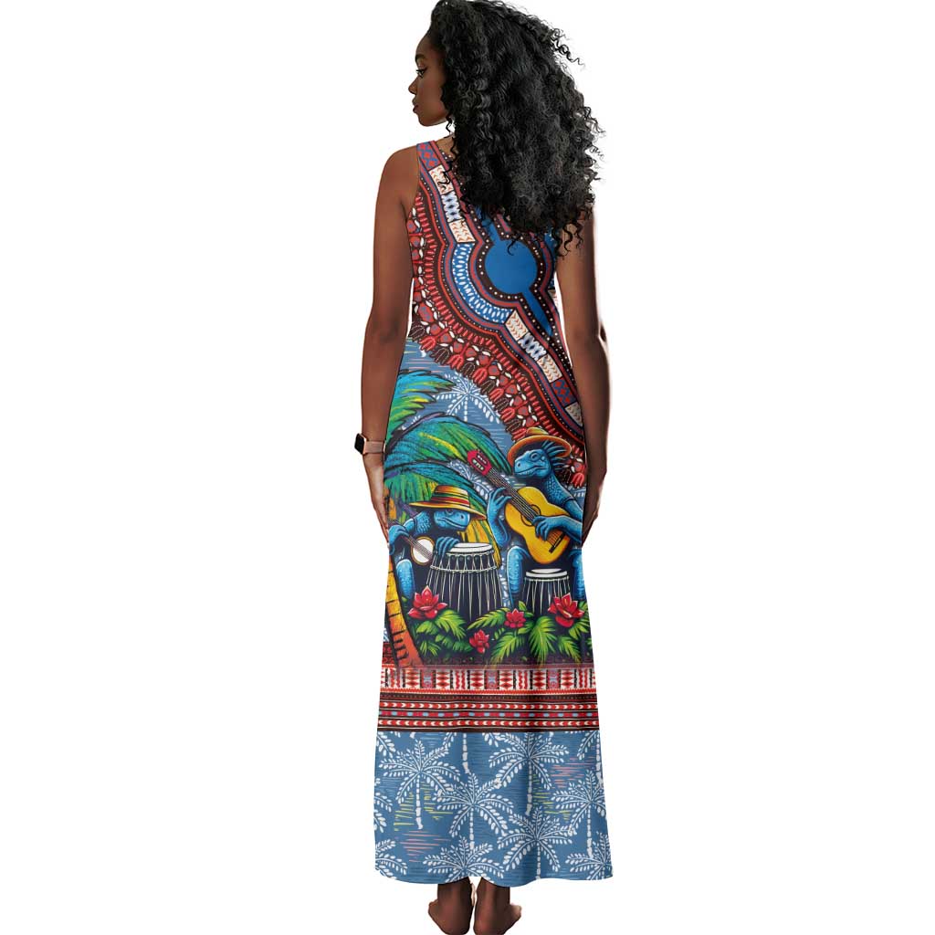 Afro-Caribbean Tank Maxi Dress African Dashiki Style with Caribbean Music with Blue Iguanas - African Pride