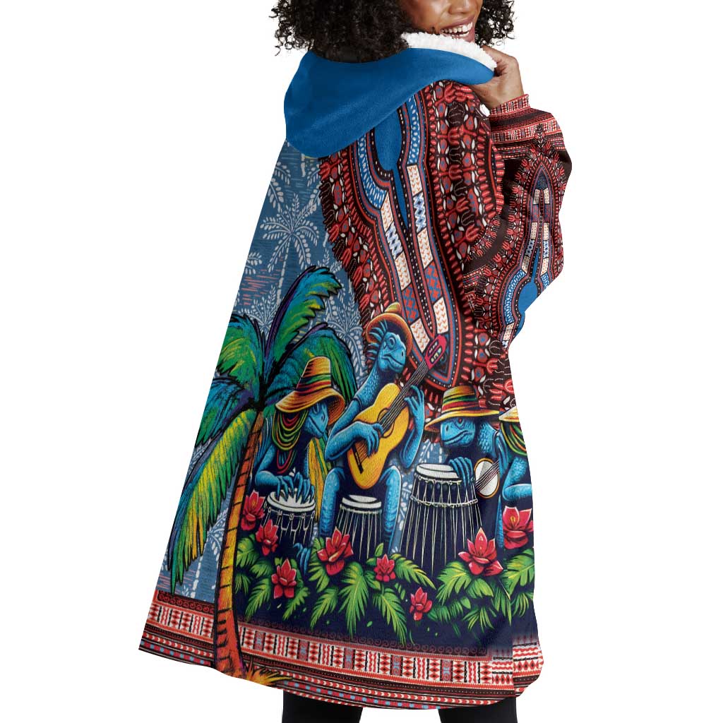 Afro-Caribbean Wearable Blanket Hoodie African Dashiki Style with Caribbean Music with Blue Iguanas - African Pride