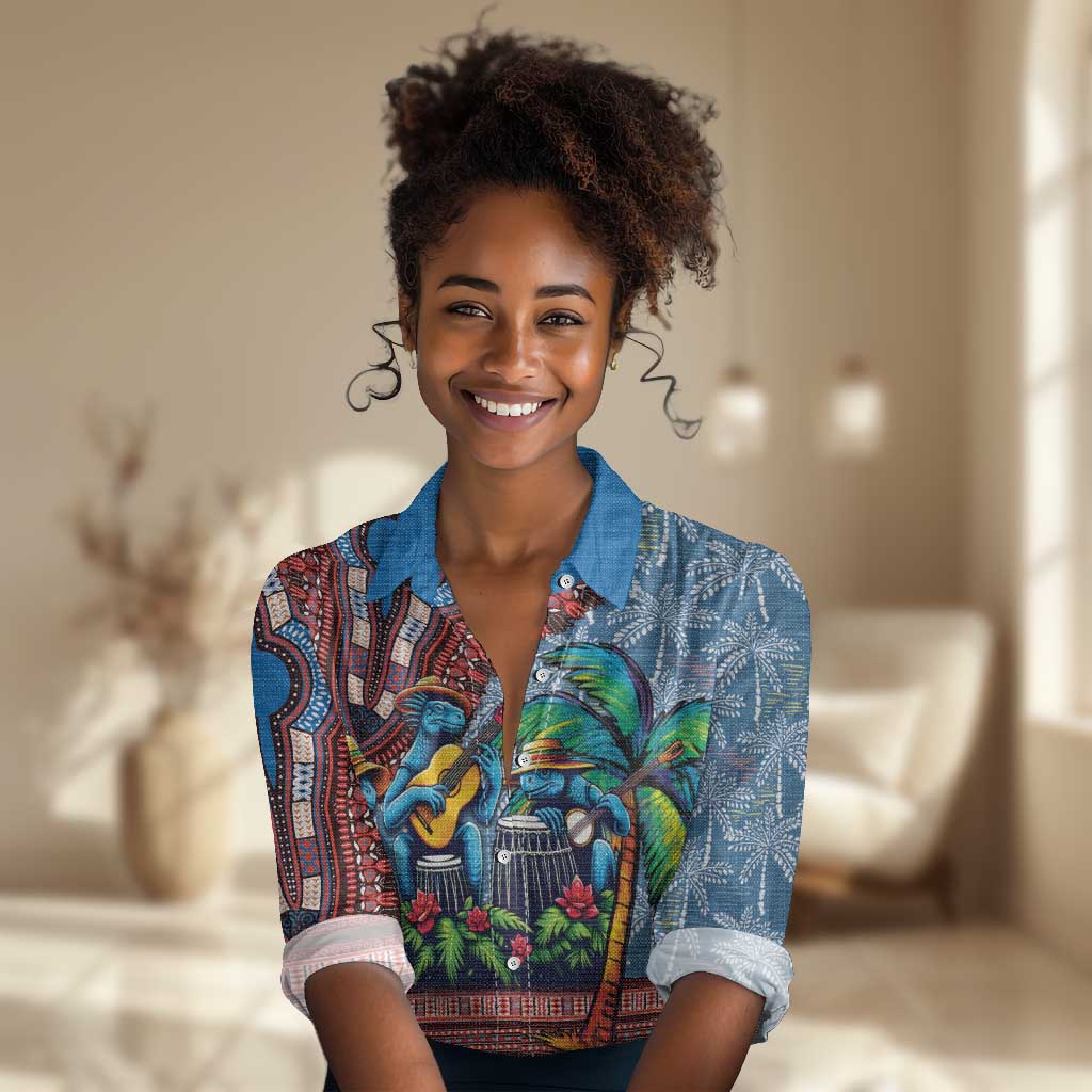 Afro-Caribbean Women Casual Shirt African Dashiki Style with Caribbean Music with Blue Iguanas - African Pride