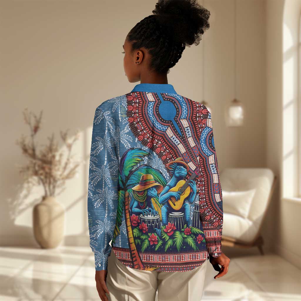 Afro-Caribbean Women Casual Shirt African Dashiki Style with Caribbean Music with Blue Iguanas - African Pride