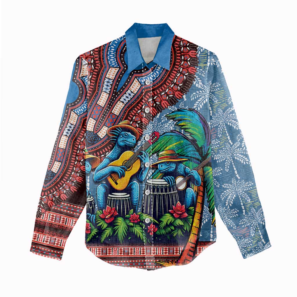 Afro-Caribbean Women Casual Shirt African Dashiki Style with Caribbean Music with Blue Iguanas - African Pride