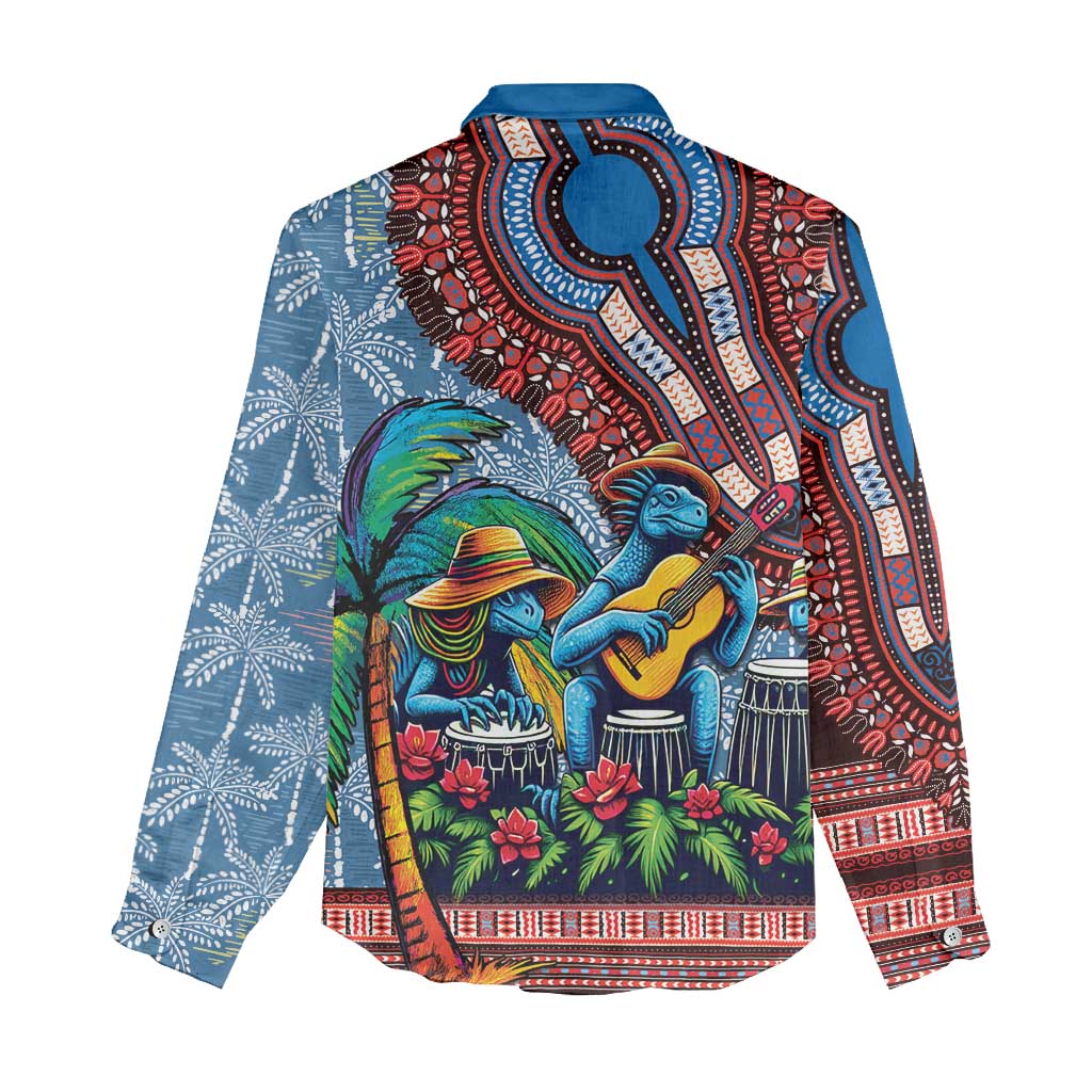 Afro-Caribbean Women Casual Shirt African Dashiki Style with Caribbean Music with Blue Iguanas - African Pride