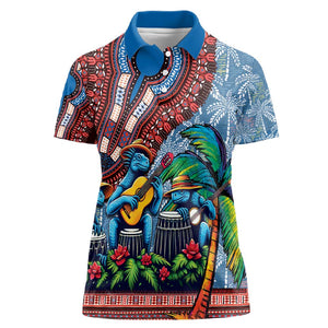 Afro-Caribbean Women Polo Shirt African Dashiki Style with Caribbean Music with Blue Iguanas - African Pride