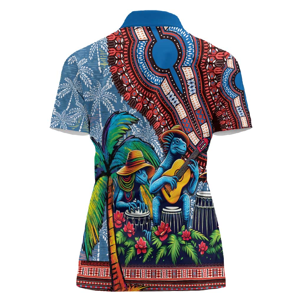 Afro-Caribbean Women Polo Shirt African Dashiki Style with Caribbean Music with Blue Iguanas - African Pride