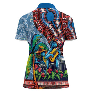 Afro-Caribbean Women Polo Shirt African Dashiki Style with Caribbean Music with Blue Iguanas - African Pride