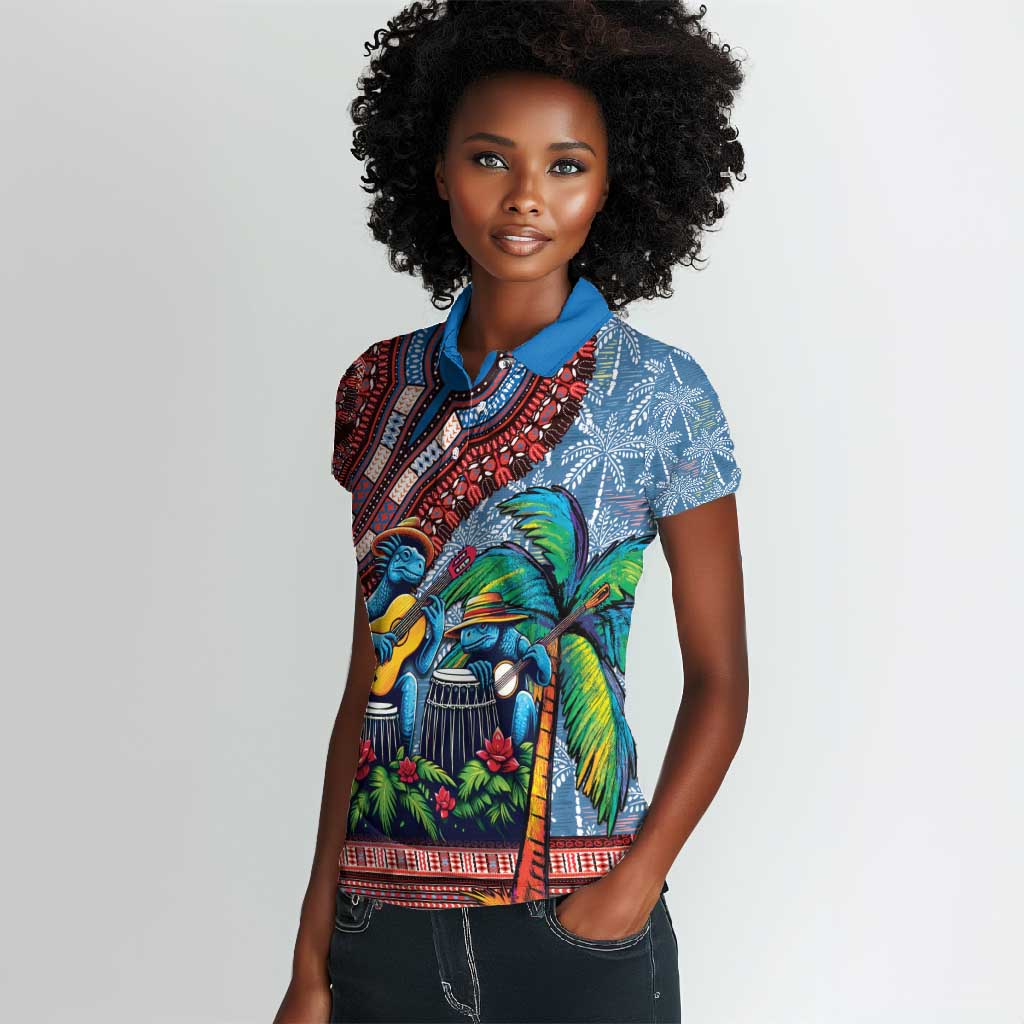 Afro-Caribbean Women Polo Shirt African Dashiki Style with Caribbean Music with Blue Iguanas - African Pride