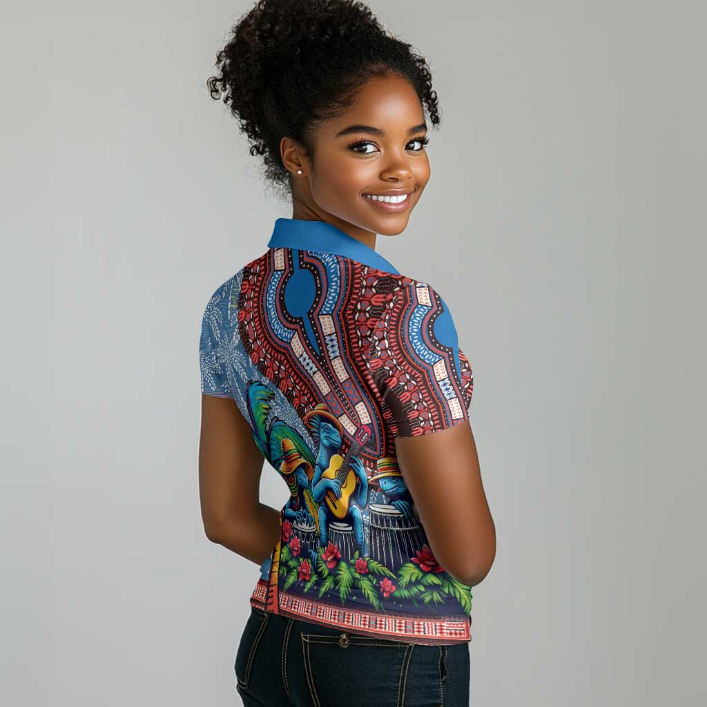Afro-Caribbean Women Polo Shirt African Dashiki Style with Caribbean Music with Blue Iguanas - African Pride