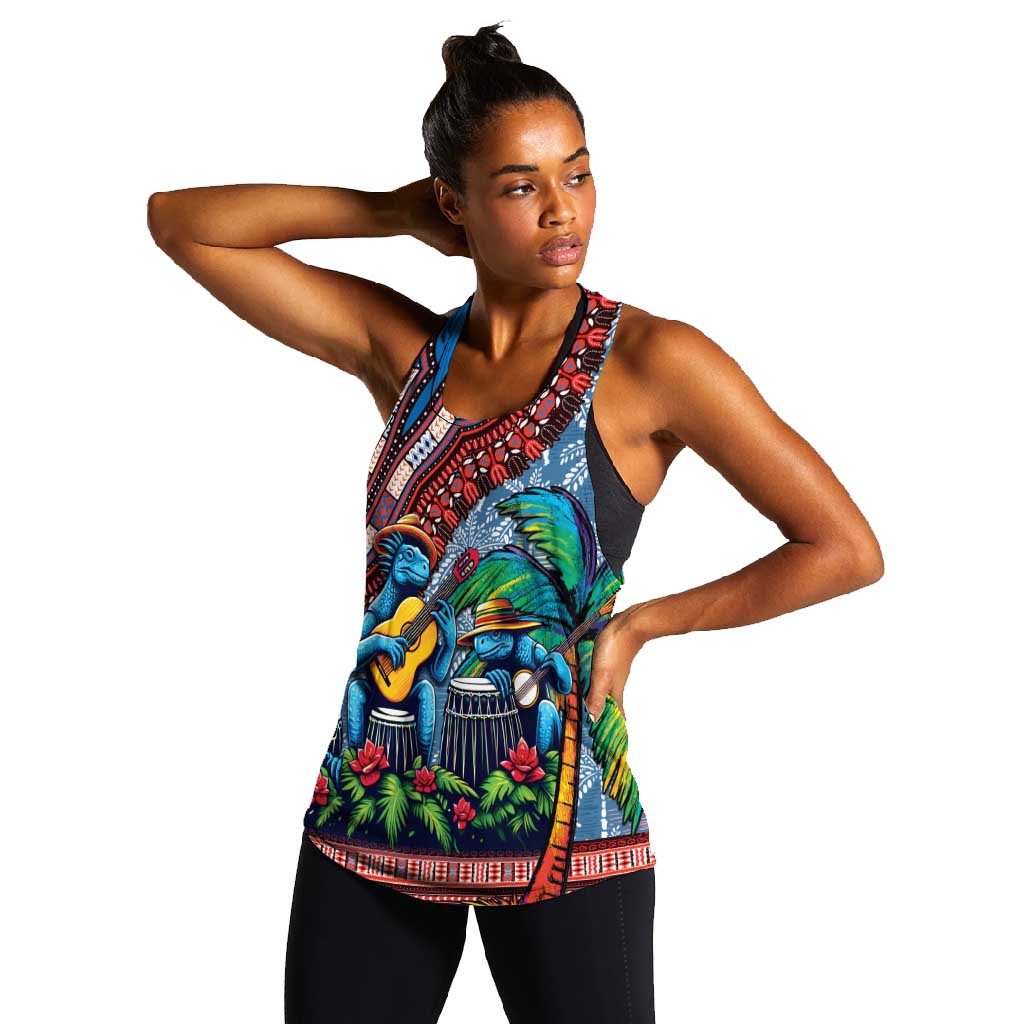 Afro-Caribbean Women Racerback Tank African Dashiki Style with Caribbean Music with Blue Iguanas - African Pride