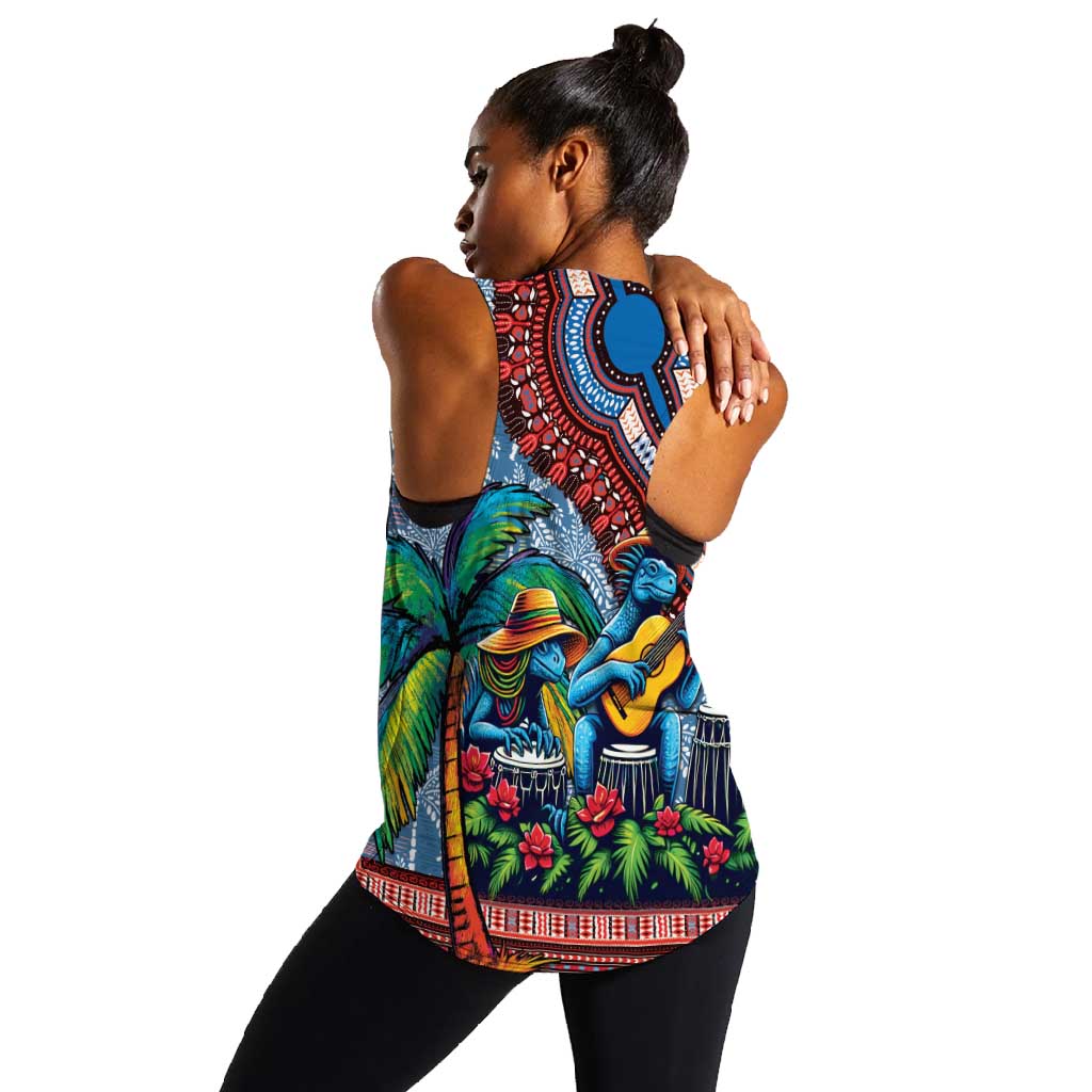 Afro-Caribbean Women Racerback Tank African Dashiki Style with Caribbean Music with Blue Iguanas - African Pride