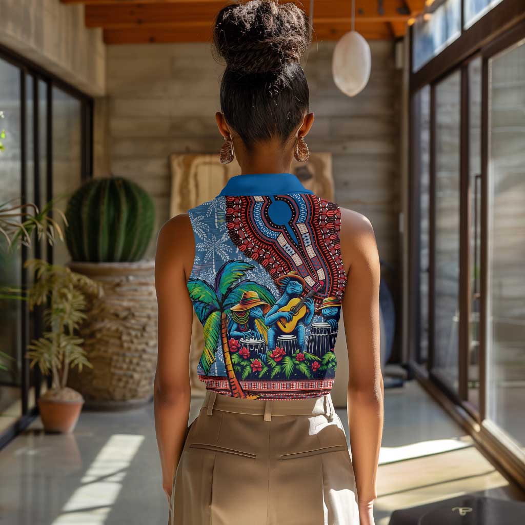 Afro-Caribbean Women Sleeveless Polo Shirt African Dashiki Style with Caribbean Music with Blue Iguanas - African Pride