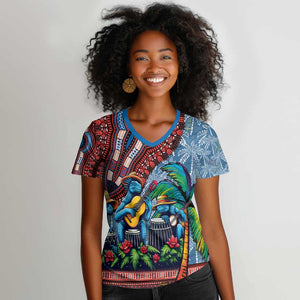 Afro-Caribbean Women V-Neck T-Shirt African Dashiki Style with Caribbean Music with Blue Iguanas - African Pride