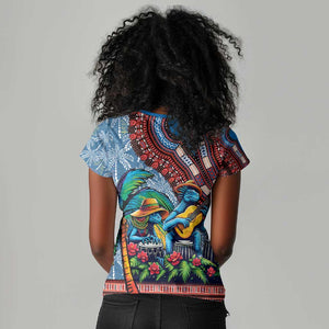Afro-Caribbean Women V-Neck T-Shirt African Dashiki Style with Caribbean Music with Blue Iguanas - African Pride