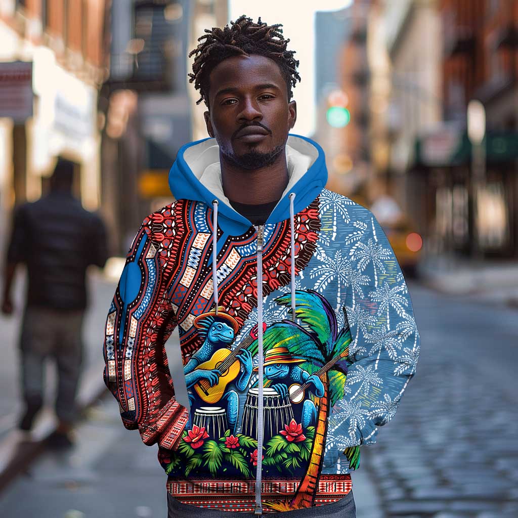 Afro-Caribbean Zip Hoodie African Dashiki Style with Caribbean Music with Blue Iguanas - African Pride